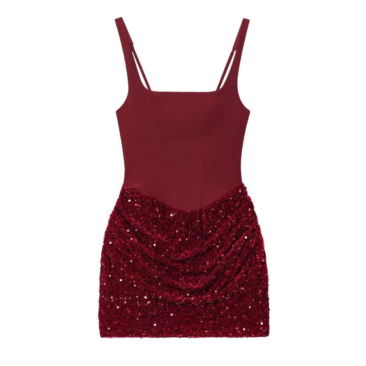 

European & American Style Sequin Hip-hugging Waist-cinching Lace-up Short Skirt for Women Extra Small вина червоного кольору