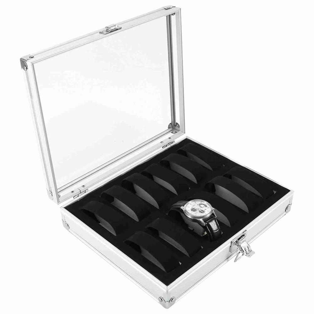 Aluminum Watch Display Box 12 Grid Slots 6 Grid Slots Watch Organizer Box Transparent Glass Top Rectangle Watch Case