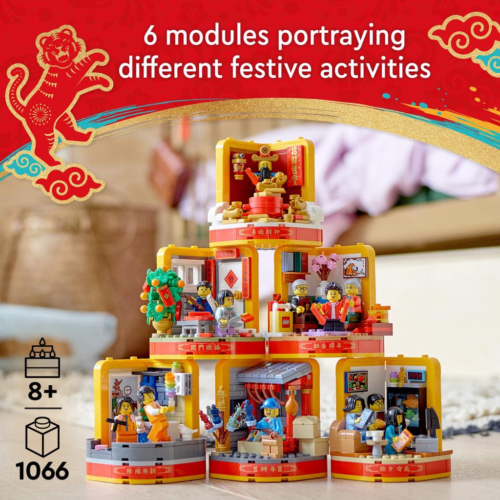 LEGO Lunar New Traditions 80108 Building Kit Gift for Kids Ages Toy with 6 Celebration Scenes and 12 Minifigures God of Wealth Year's - 8+ - - (1,066