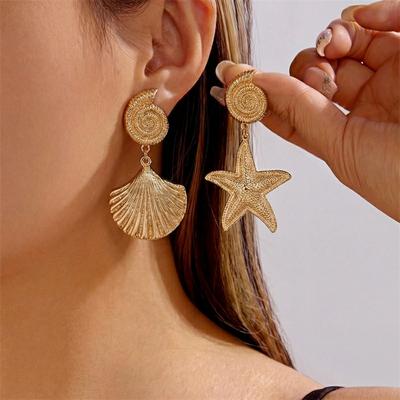 Summer Beach Metal Starfish Shell Asymmetric Drop Earrings For Women Men Bohemian Ocean Conch Dangle Earrings Vacation Jewelry