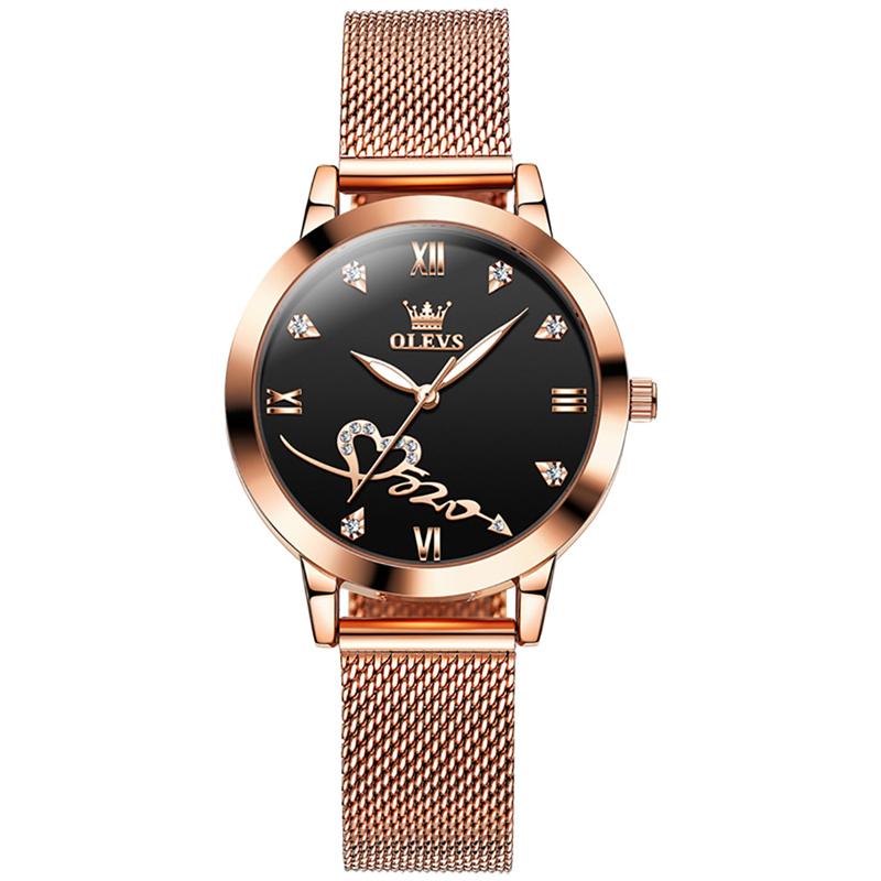 OLEVS Elegant Rose Gold Women Watch Love Heart Rhinestone Milanese Mesh Band Waterproof Dress Quartz Wristwatch For Ladies