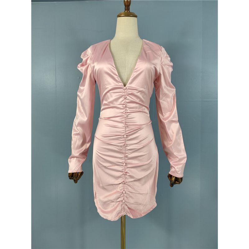 

Export Single FN Home Pink Young Adult Smooth Satin Comfortable Fastener Decoration Ruffle Hip Deep V Sexy Dress Pink L