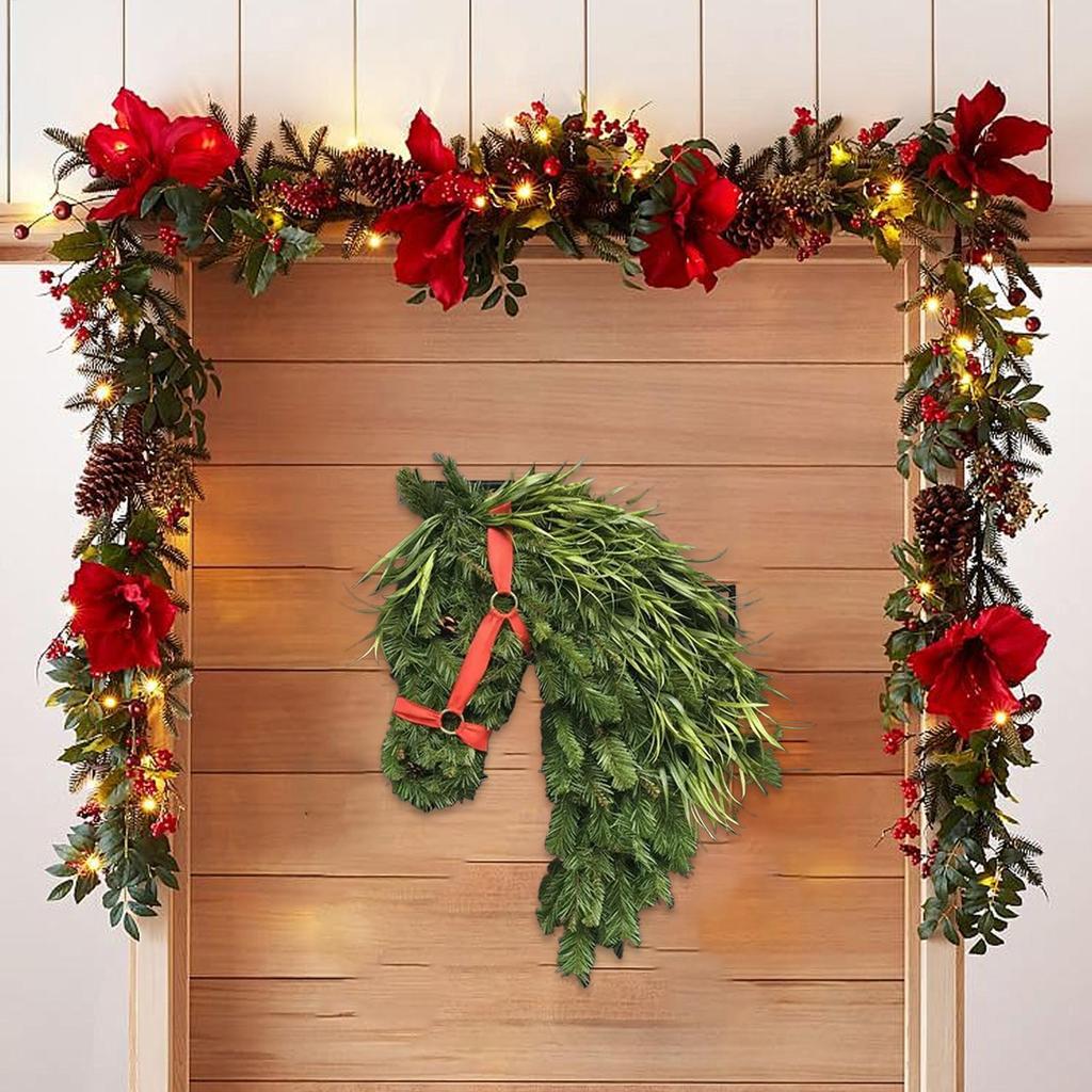 Pferdekopf Weihnachts-Kranz Pferdekopf Torring Ländliches Bauernhaus Reitsport-Thema Türdekoration 40cmx30cm