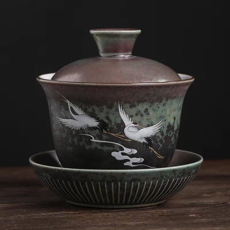 

Керамическая гайвань в японском стиле, роскошная, красочная, журавль, супница для чая, бытовая, крышка для чайника, чаша, украшение для стола
