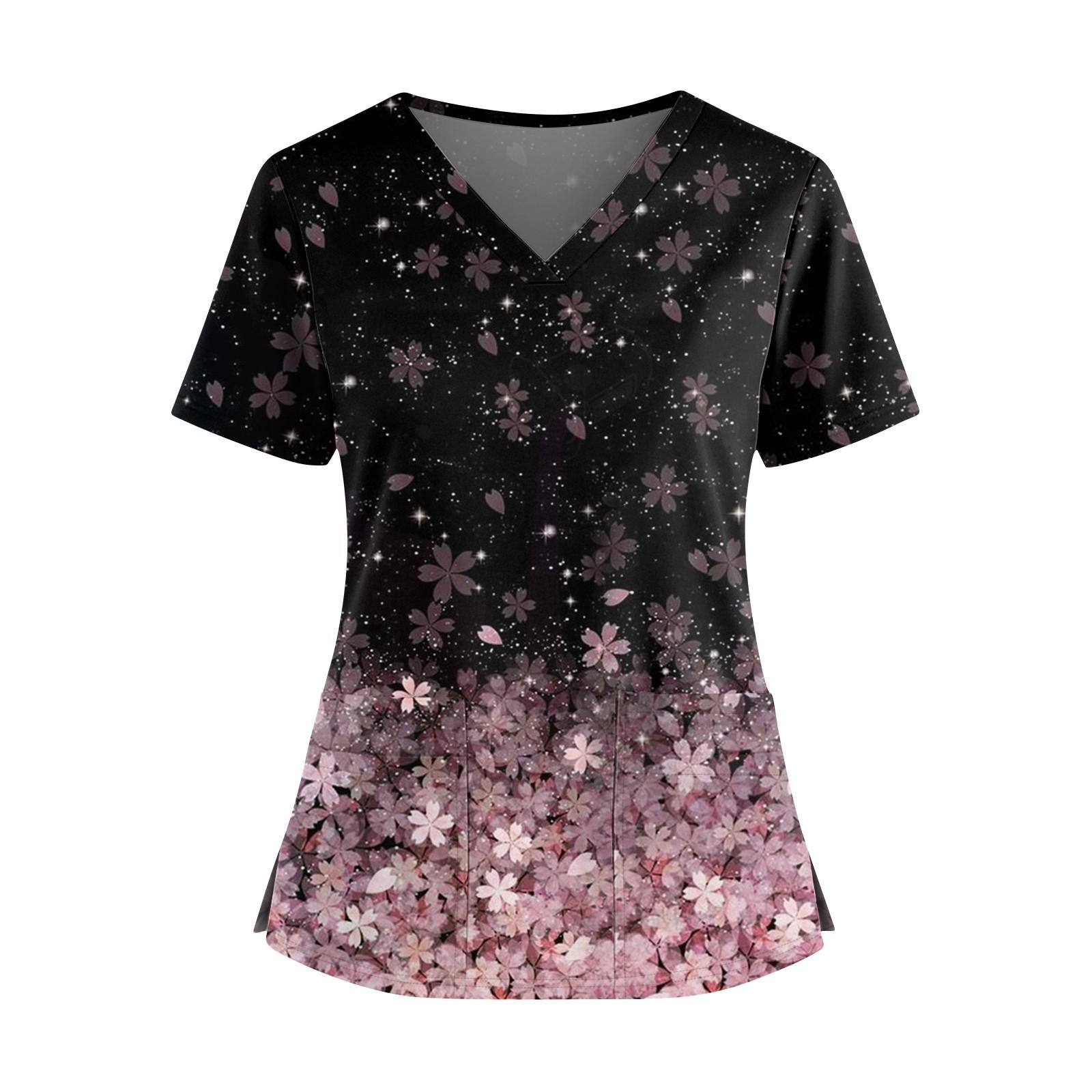 

Women s Fashionable Printed V Neck Double Pocket Short Sleeved Shirt With Slit Hem Uniform And Worker Top L рожевий