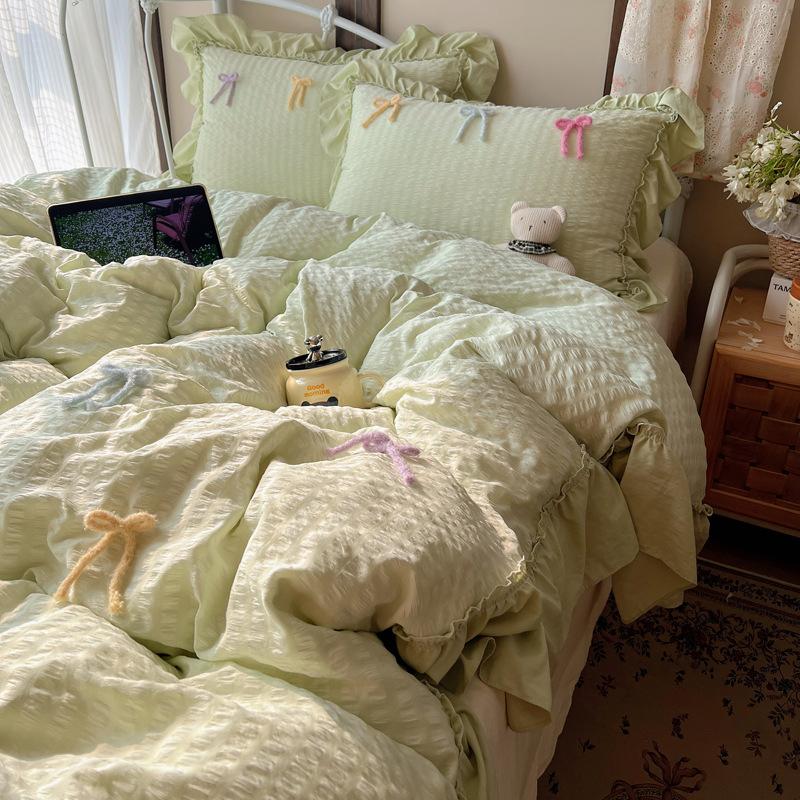 Soft Waxy Wrinkled Yarn Lace, Fairy Beauty Bow Skin-Friendly Quilt Cover Student, Bed Sheet And Mattress