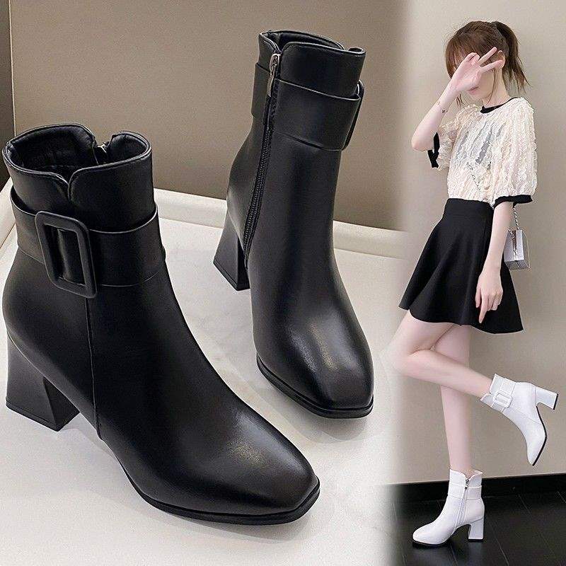 New Foreign-style White Leather Shoes Women's 2025 Short Boots Korean Version Medium Boots High Heels Women's Shoes 5com Thin Velvet Autumn and Win