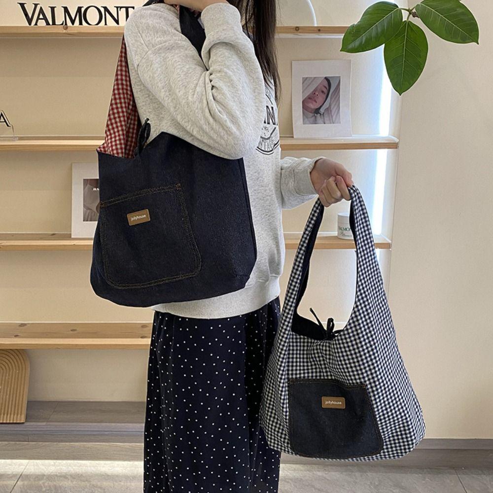 Korean Style Double Sided Plaid Denim Vest Bag Cloth Bohemian Messenger Bag  Women