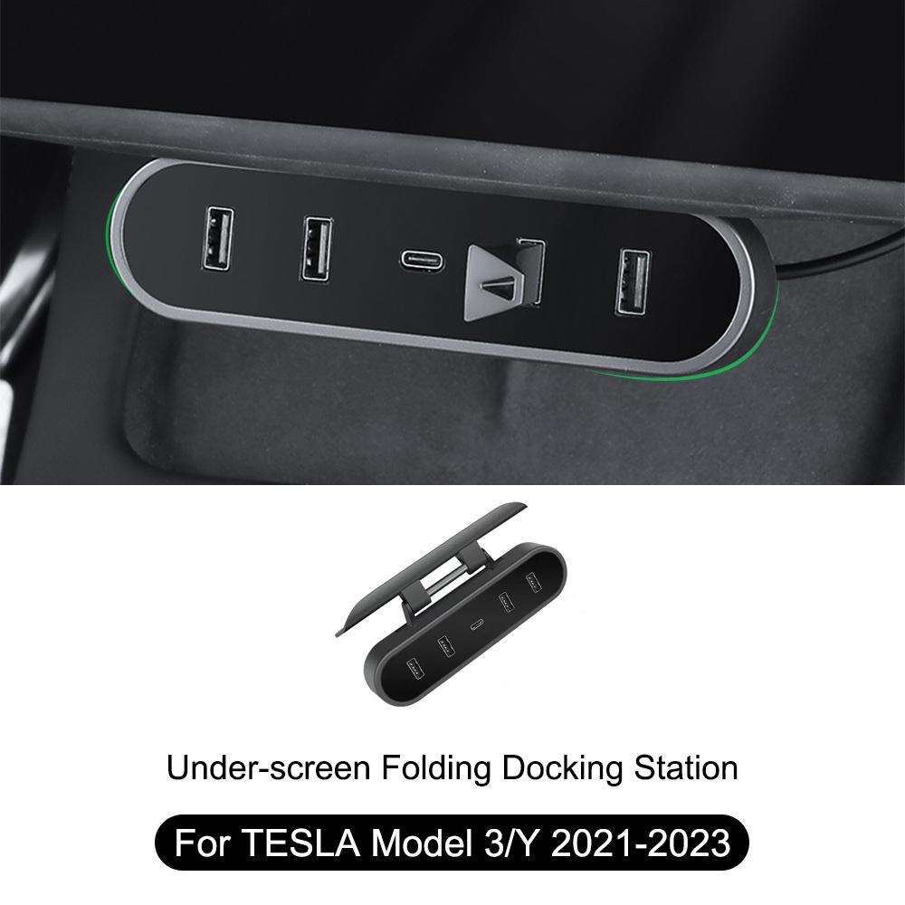 For Tesla Model 3/Y - Car Foldable Charger Hub Under Screen Docking Station USB Shunt Adapter Charger Splitter Extension
