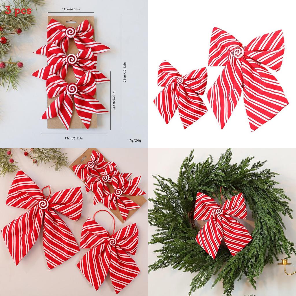 Red And White Diagonal Stripe Bow Pendant For Holiday Tree Ornaments
