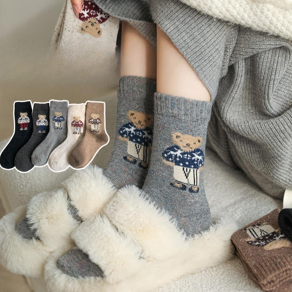 Chaussettes en laine épaisses et chaudes, Chaussettes mi-mollet Ours, Chaussettes en laine bouclette à fil moucheté, Chaussettes style écolière pour filles