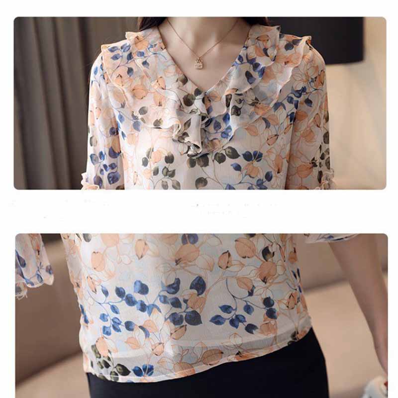 Floral Print Elegant V-Neck Chiffon Blouses Folds Short Sleeve Pullovers Shirt Summer Casual Women's Clothes