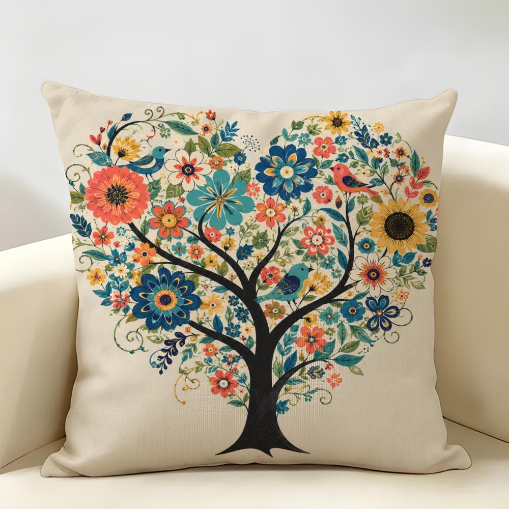 Boho Floral Tree Of Life Cushion Cover Durable Hypoallergenic Organic Linen Short Pillow Cover Washable