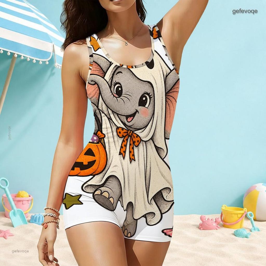 Women Plus Size White Square Neck Wide Straps One Piece Boyshort Swimsuit Ghost Pumpkin Print