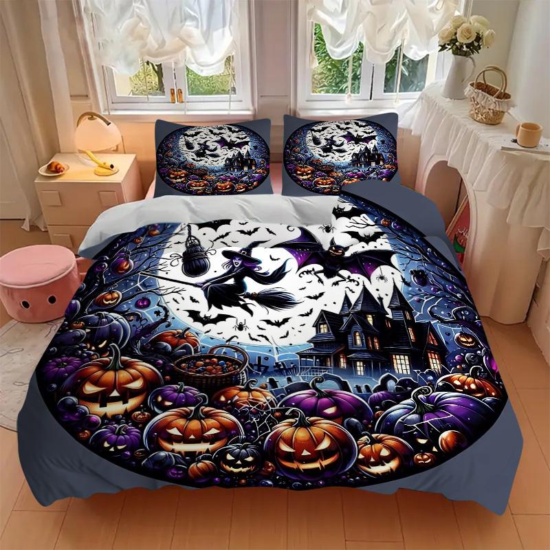 3pcs Bat Witch Pumpkin Halloween Pattern Bedding Three-Piece Set (No Fillings), Suitable for Bedrooms and Guest Rooms.N004