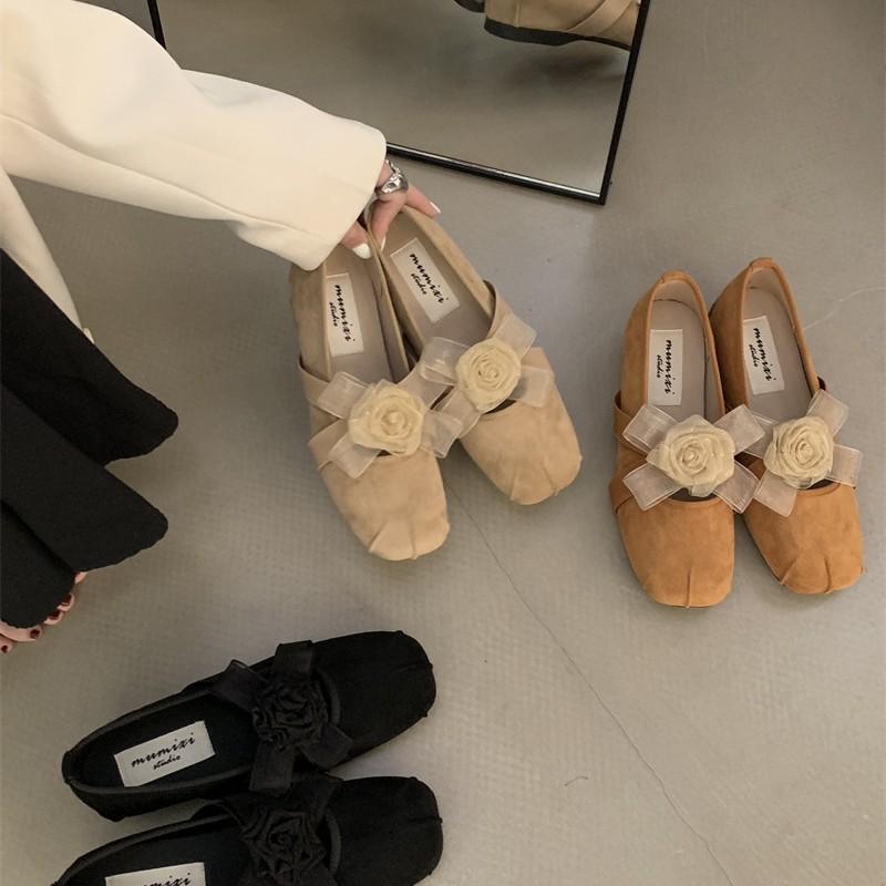Square Head Sweet Flower Princess Shoes French Flat Bottom Shallow Mouth Single Shoes Fashion Versatile Elastic Band Ballet Shoes Fringe