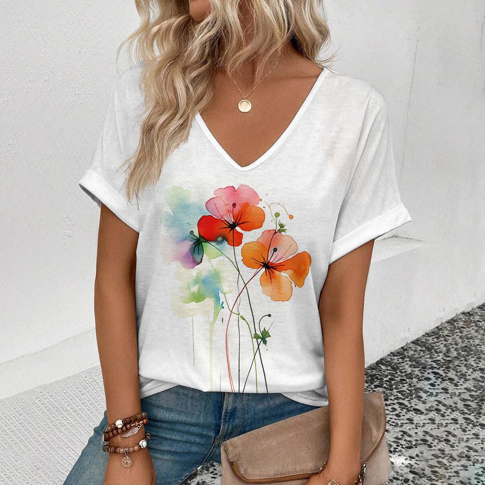 Plant Flower Print T-shirt Daily Loose Comfortable Top Personality Street Fashion Wear With The New Summer Women's V-neck Tees