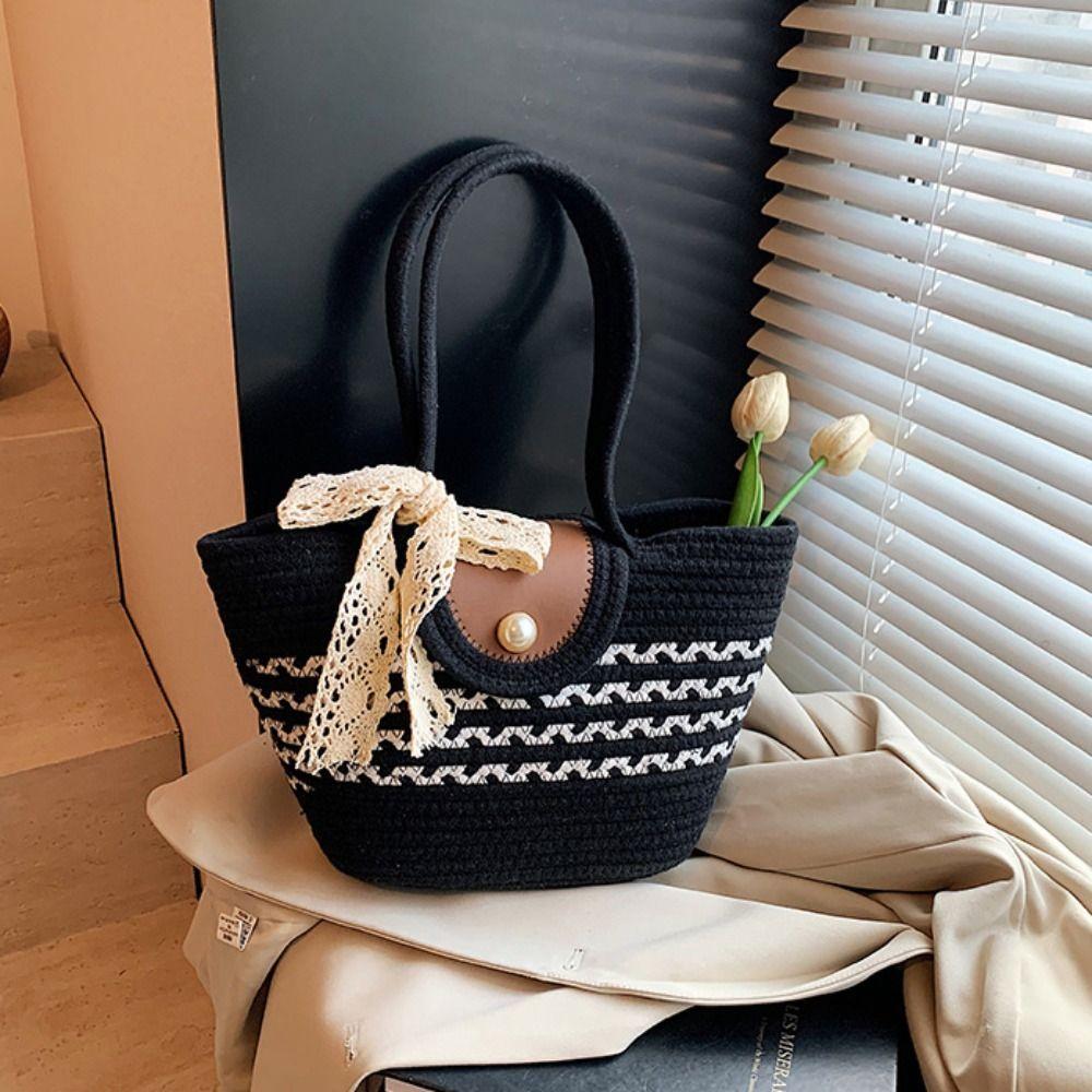 Korean Style Stripe Tote Handbag Shoulder Bag Summer Beach Bag Sweet Woven Tote Bag  Spring