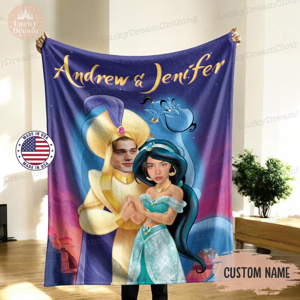 Custom Aladdin & Jasmine Blanket With Face, Disney Couple Custom Photo Blanket, Personalized Blanket For Couple, Ideal Valentine's Day Funny
