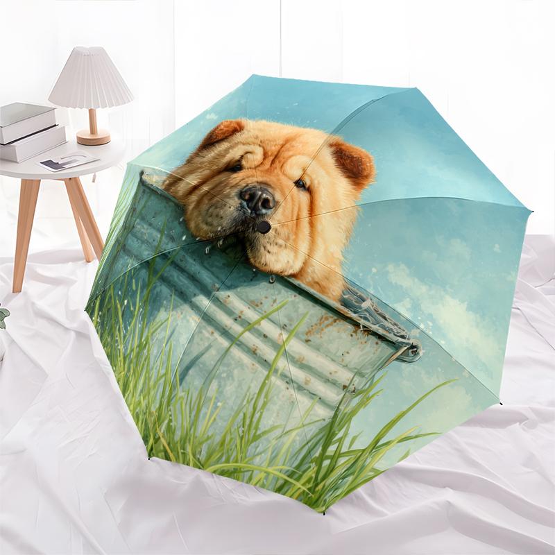Chow Chow and Grass Pattern, Automatic Folding Umbrella, Portable and Foldable Design, 8 Ribs, a Christmas or Birthday Gift.