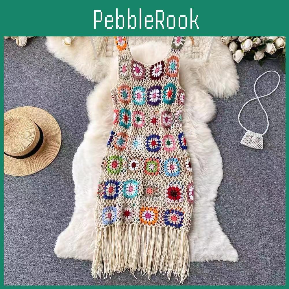 Crochet Handmade Holiday Womens Bohemian Hollow Vneck Halter Dress Summer Sexy Lattice Vest Dress Beach Dress
