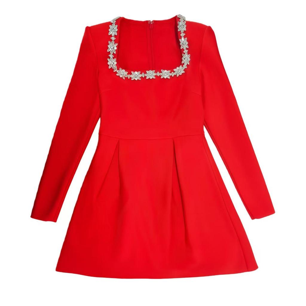 Elegant Rhinestone Square Neck Long Sleeve Bandage Dress for Women