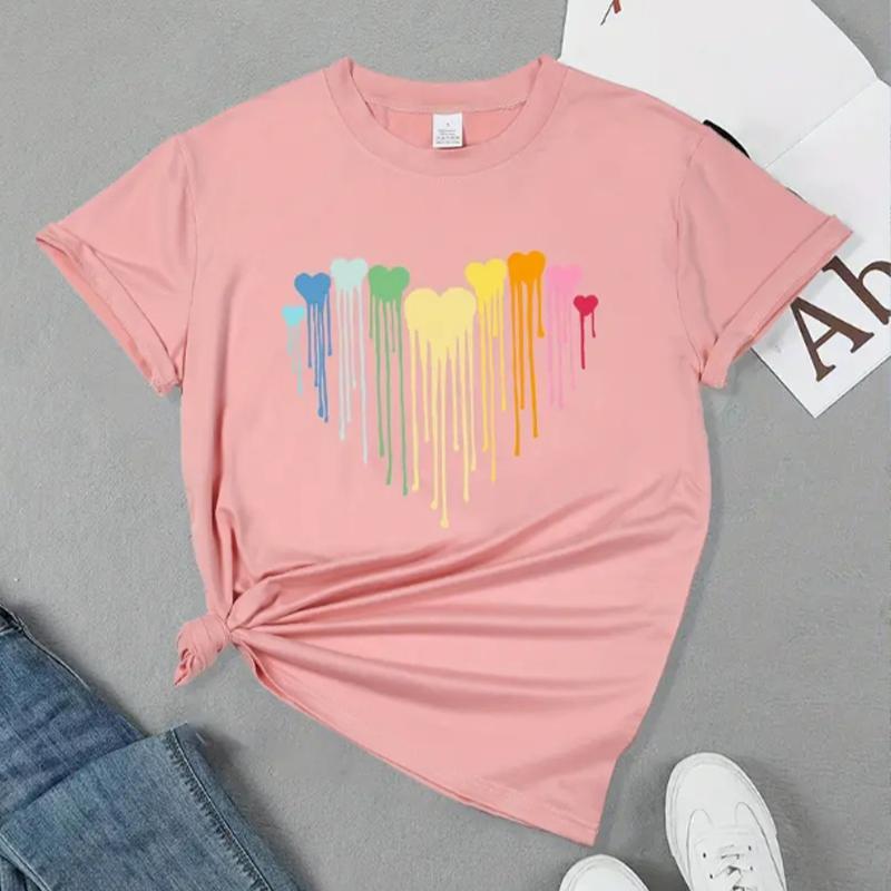 

Модная женская футболка с цветным принтом в виде сердца, забавная повседневная футболка с круглым вырезом и короткими рукавами, летняя женская футболка S розовый