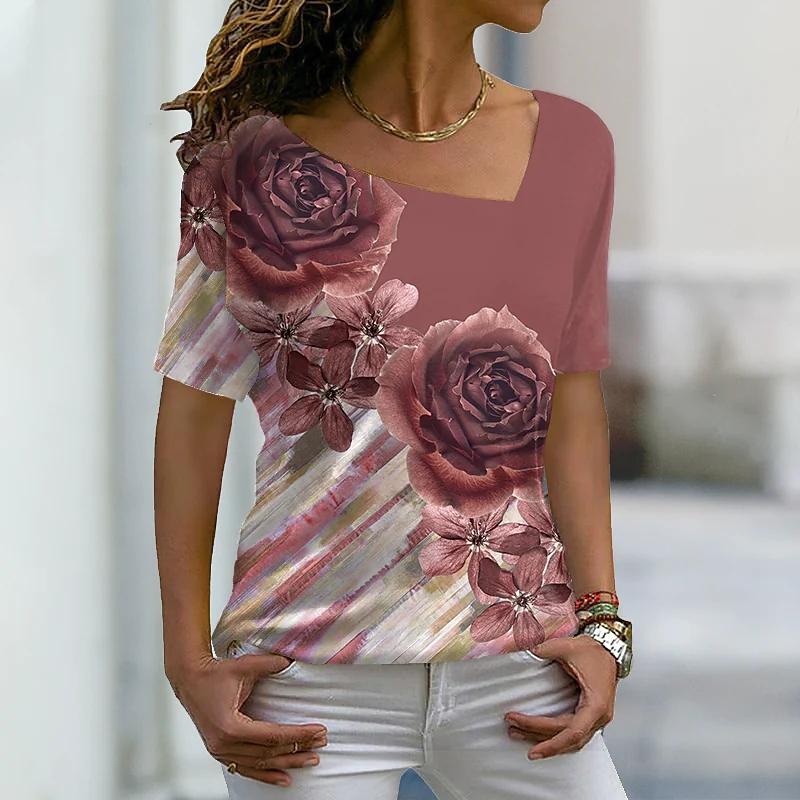 

Летние женские цветочные тематические печатные пуловеры с v-образным вырезом и цветочным принтом, уличная одежда, повседневные футболки большого размера, топы Y2K 6XL