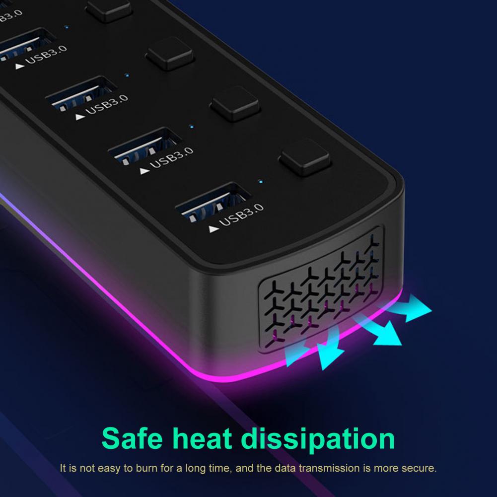 

U307 7-Port USB 3.0 Hub Splitter with Individual Switches and 14 RGB Lighting Modes for Computer TV As Shown A