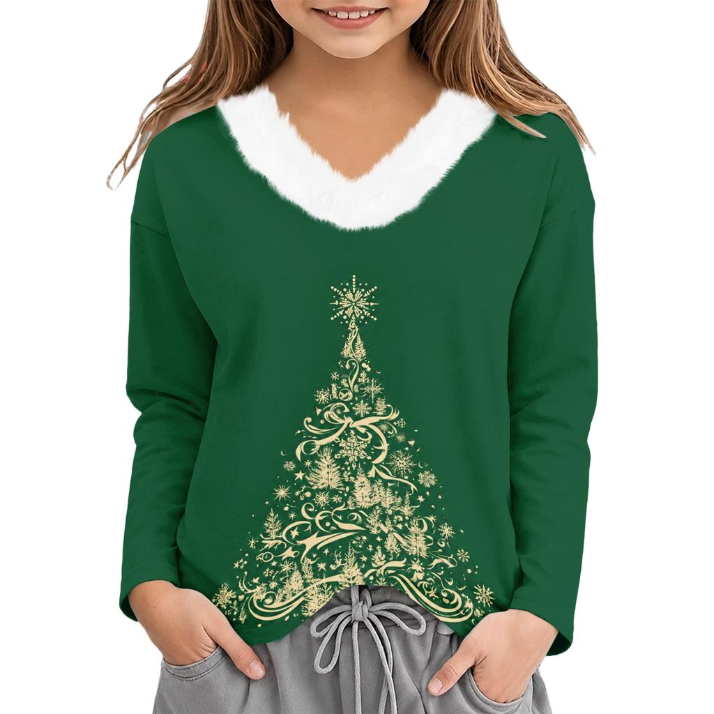 Girls' V-Neck Christmas Print Long Sleeve Thermal Shirt for Winter Base Layer