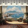 2D Italian Coastal Balcony Backdrop Naples Harbor with Mount Vesuvius Photography Background