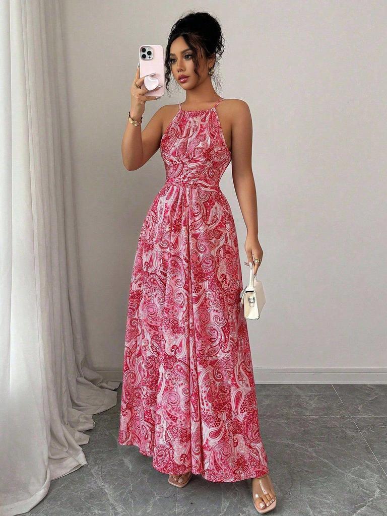 Ethnic Style Women's Halter Maxi Dress - Slimming Waist, Elegant for Beach Vacations
