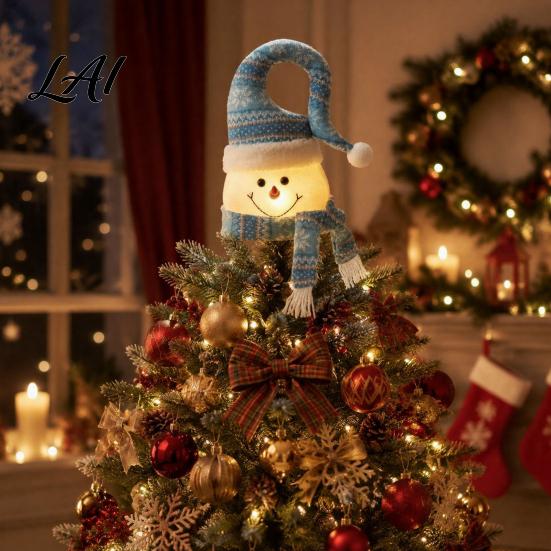 Christmas Tree Finial Lighted Topper Glowing Snowman Star Hat with LED Light Top Decoration Winter Holiday Decor for Home And Indoor Soft Warm Light