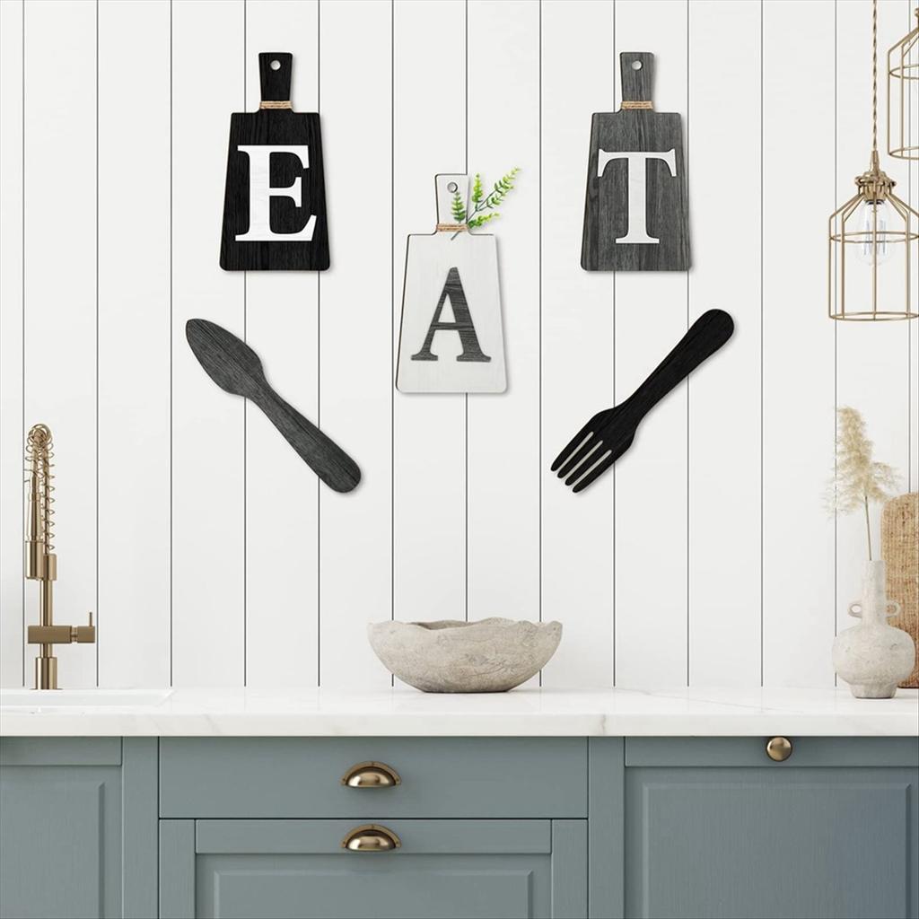BHBL Cutting Board Eat Sign Set Hanging Art Kitchen Eat Sign Fork and Spoon Wall and Kitchen Decor,B
