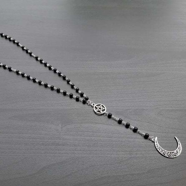 Trendy Gothic Crescent Pentagram Necklace with Black Beads Charm