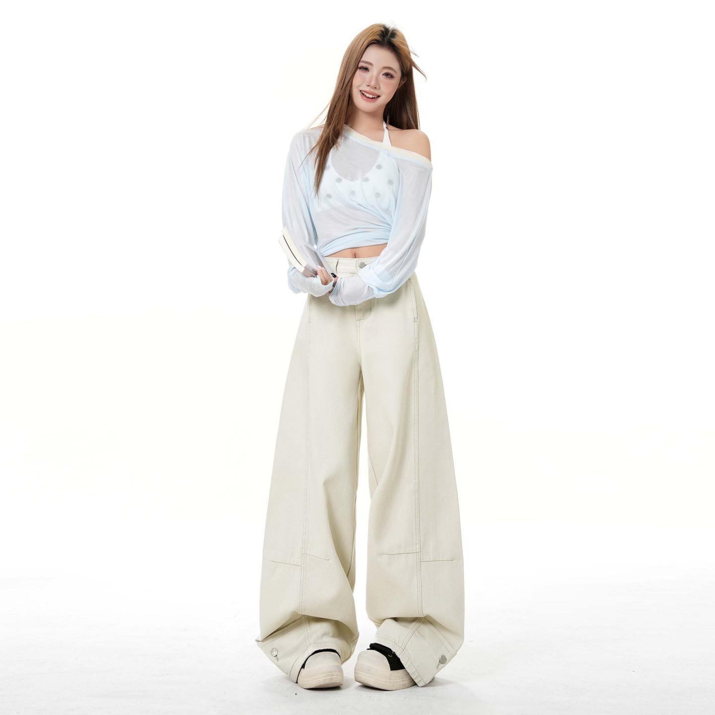 

2026 Spring Women s Street Style Curved Leg High Waist Wide Leg Jeans Large