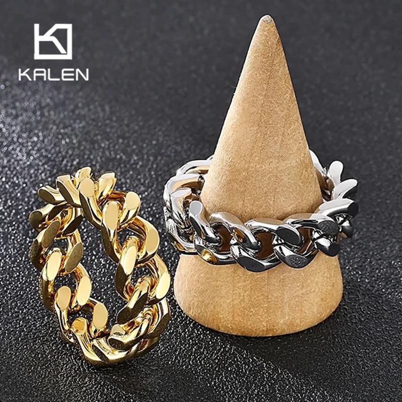 Kalen Smooth 8/9mm High-Quality Stainless Steel Cuban Link Rings for Men Multicolor Couple Anillos Trend Jewelry Bicycle Chain