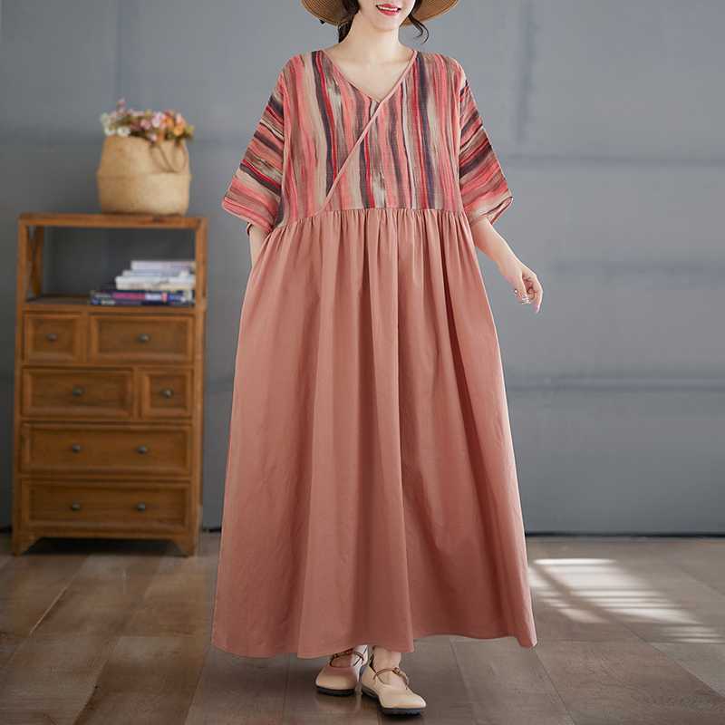 Algodón y Lino Verano Patchwork Estilo Retro Vestido Falda Larga