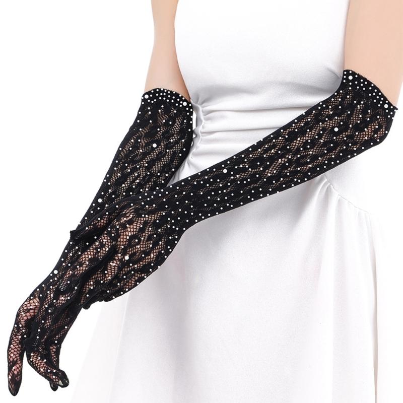 Luxury Rhinestones Lace Gloves For Women Evening Parties And Special Event Breathable Nylon Handwear for Banquets