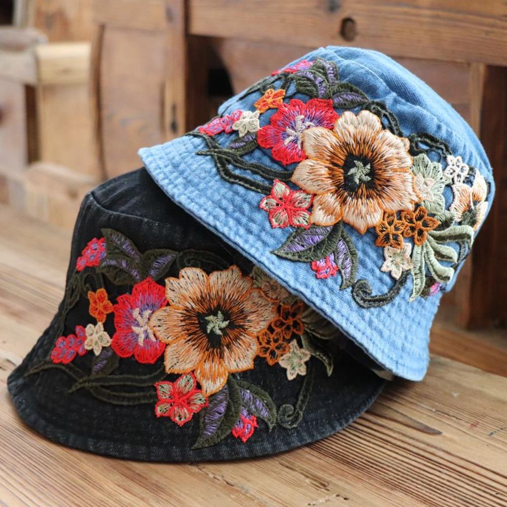 

Casual Fisherman Hat Ethnic Style Embroidery Sun Cap Fashion Bucket Hat Spring Summer світло-синій колір