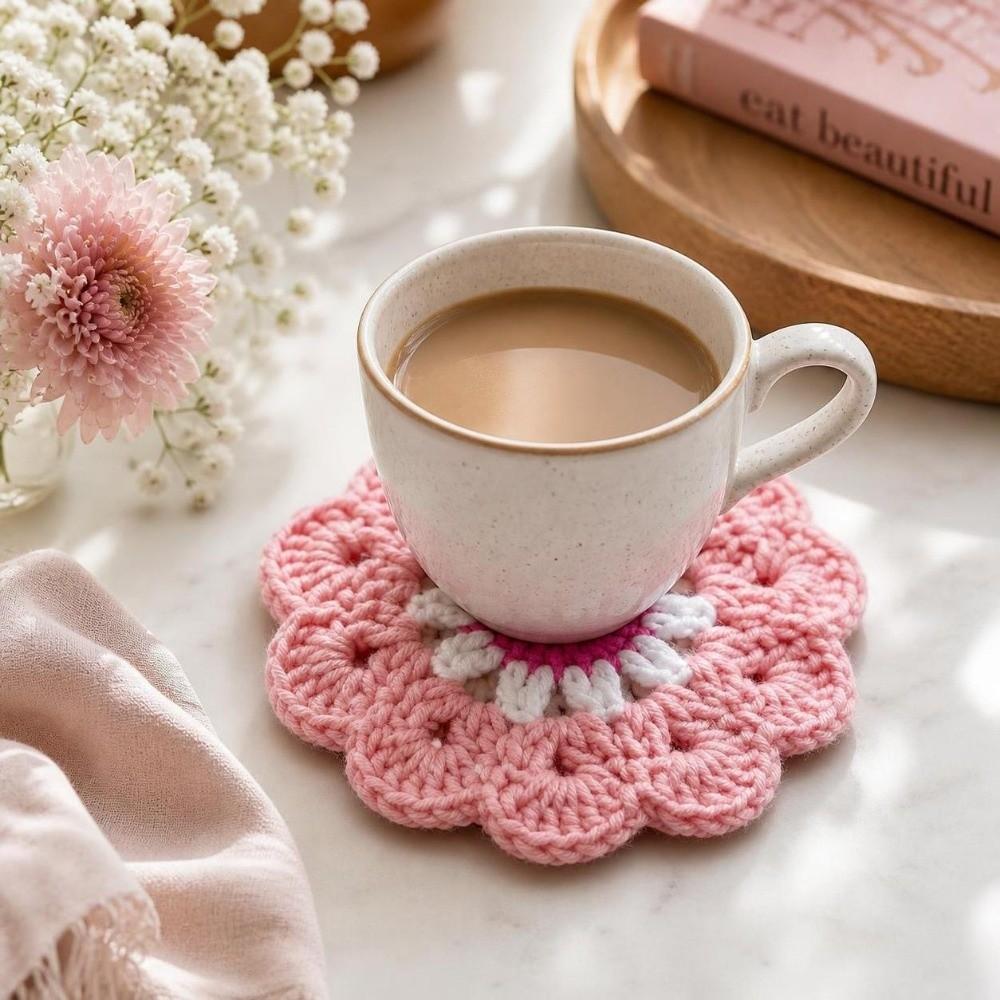 Handmade Crochet Flower Coasters Heat Resistant Mug Mat Creative Trivet Mats Coffee Cup Use