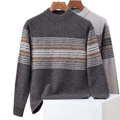 Men's Thickened 100% Pure Wool Striped Mock Neck Sweater