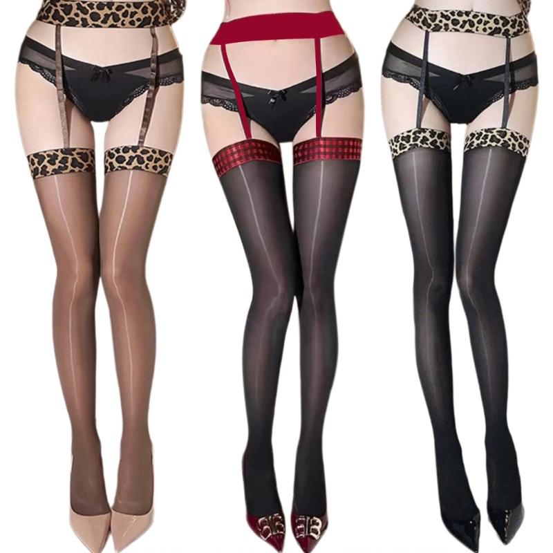 Women Leopard Top Shimmery Tights Suspenders Pantyhose Attached Garter Belt Oil Glossy Thigh High Stockings Lingerie