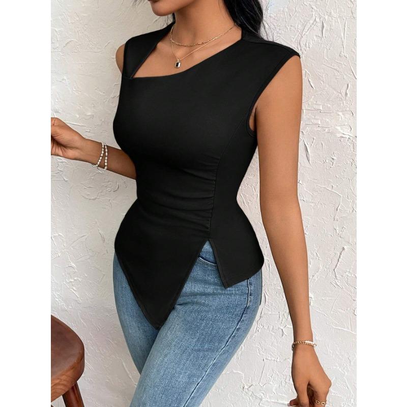 DAFIFY Women's Fashion Casual Summer Spring Solid Color Print Sleeveless Oblique Collark Blouses & Shirts