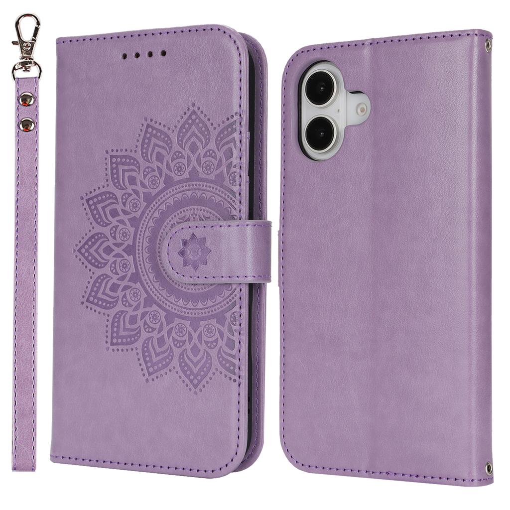 For iPhone 16 Stand Case Textured Leather Wallet Phone Cover with Strap