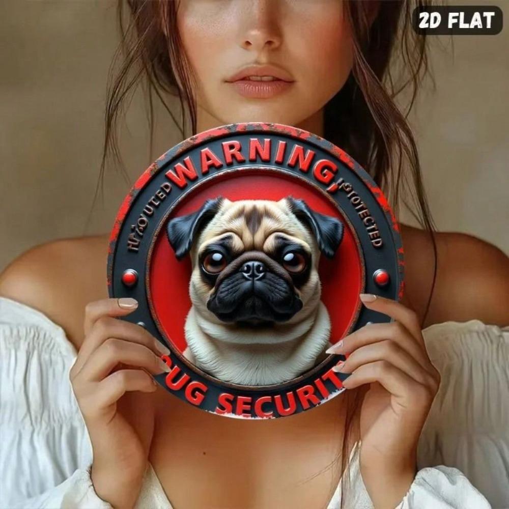 Metal Wall Art Round Pug Sign with Red Frame 8 Inch Home Decor
