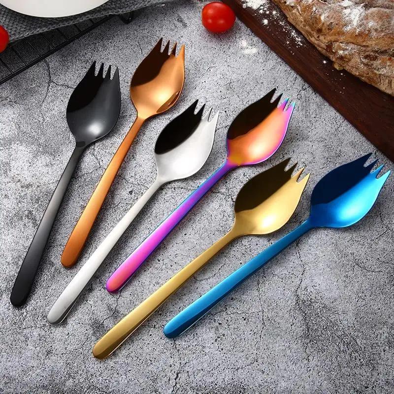 Fork Spoon 2 In 1 Colorful Rainbow Bento Accessories High Quality Stainless Steel Fruit Fork Dessert Forks for Cake Snack Salad