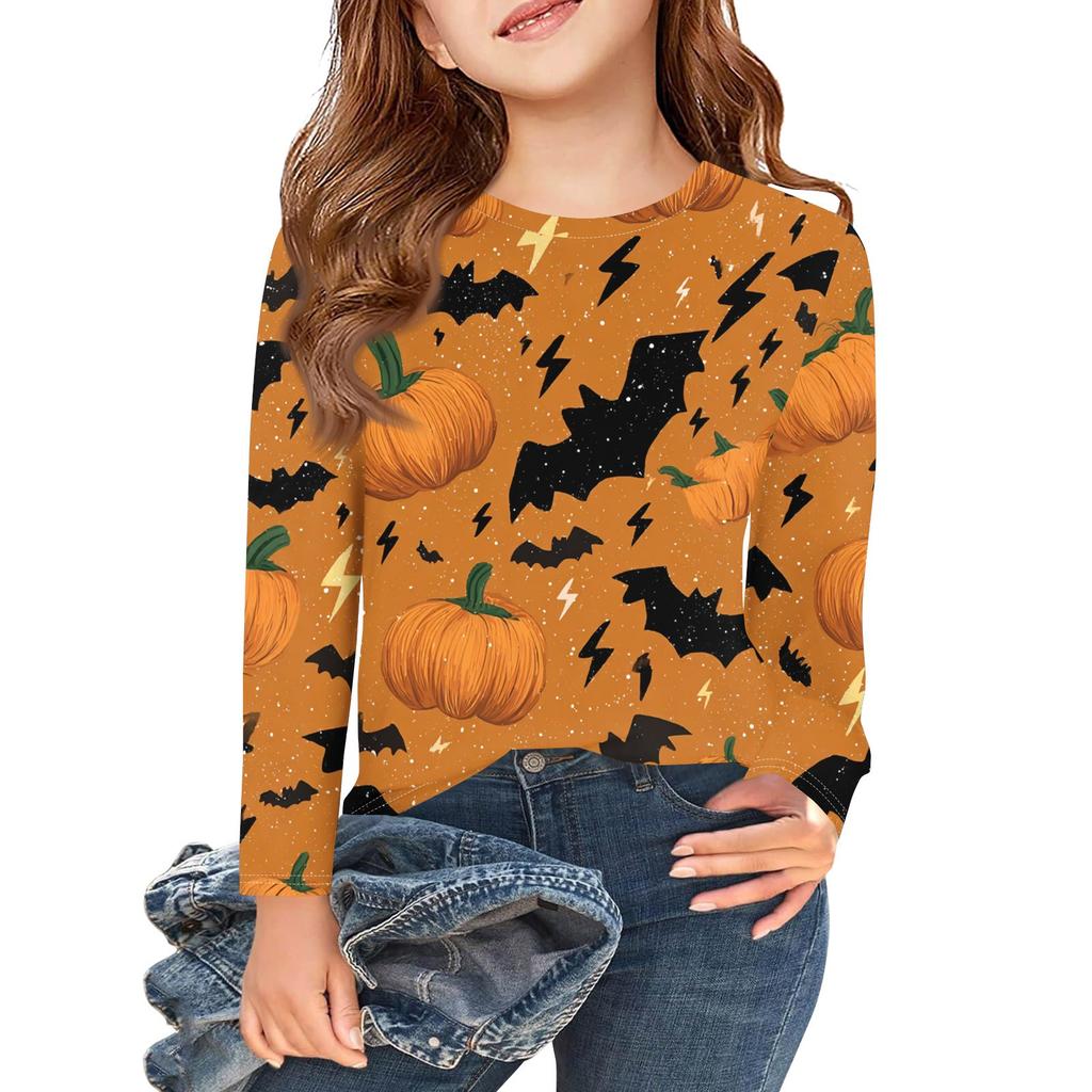 Girls Long Sleeve T Shirts Kids Fall Tops Crewneck Halloween Printed Basic Tees 3-9Y