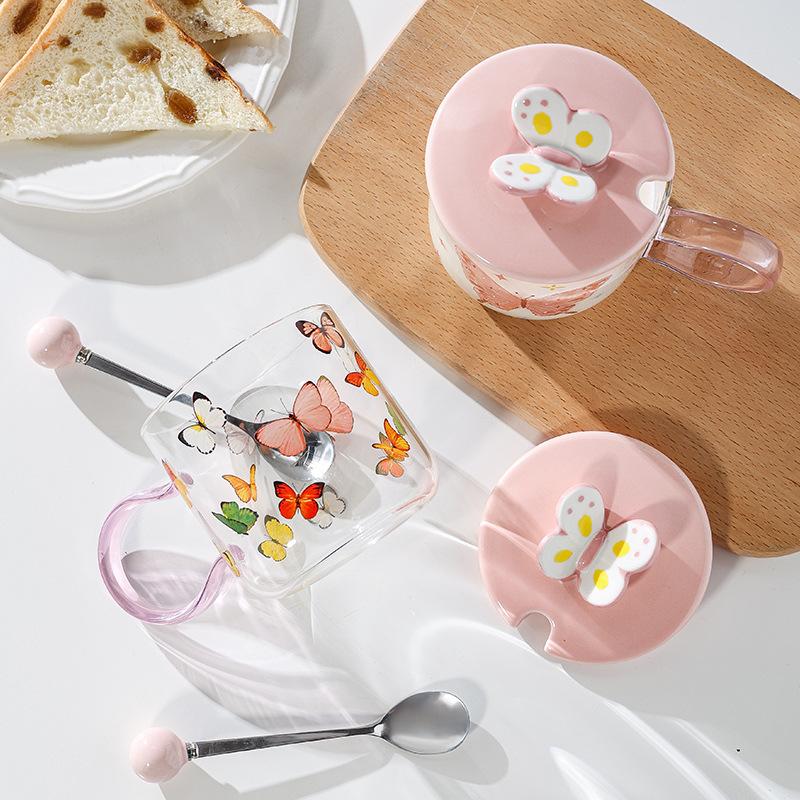 Butterfly Heat Resistant Glass Cup Breakfast Cup Gift Gift High value Pink Girl Heart Cup Cup Mug with Lid Spoon