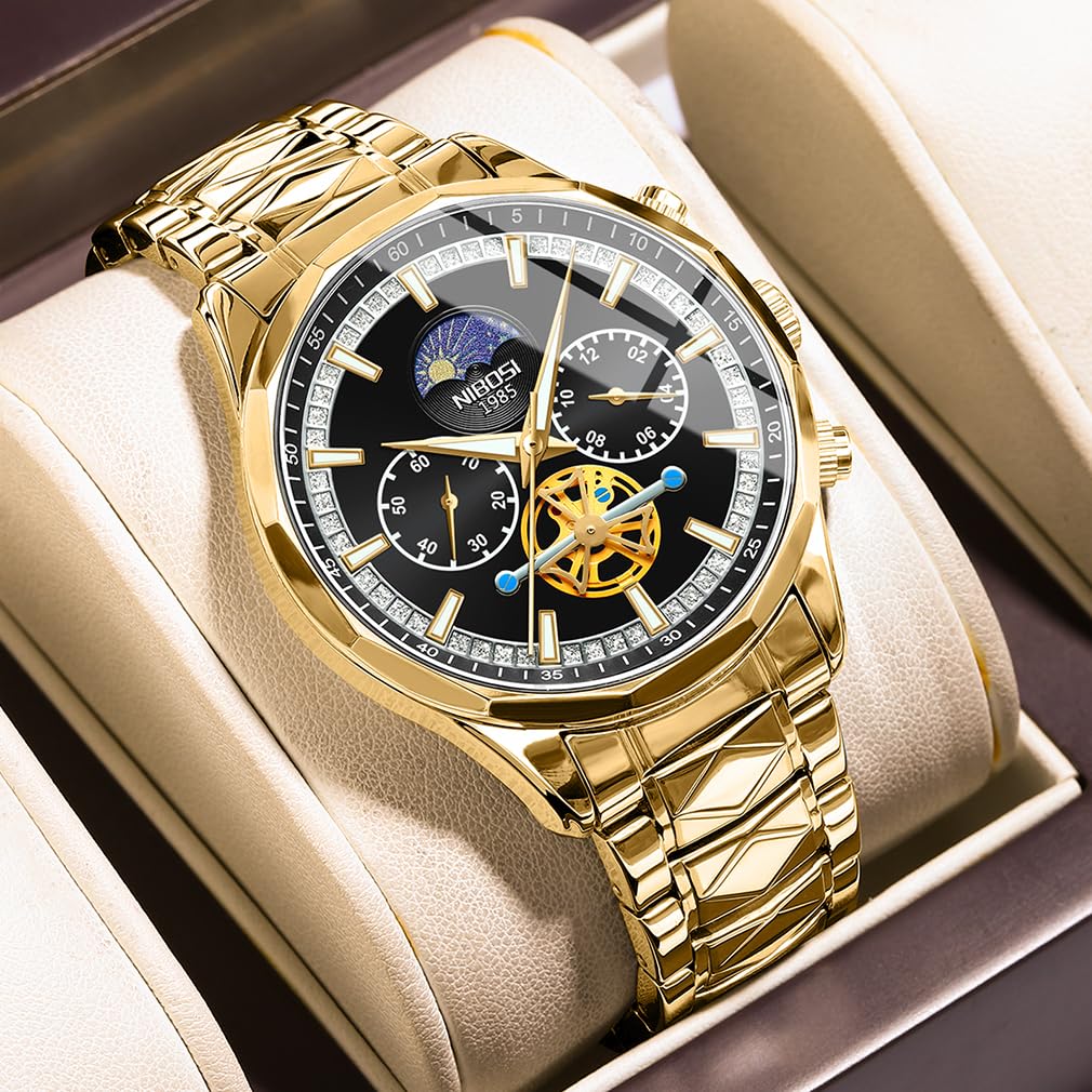 NIBOSI Business Große Marke Metall Edelstahl Uhr für Herren Herrenarmbanduhr, Chronograph, Zifferblatt, Name, Stilvoll, Lässig, Armband, Stahl, Analog, Skelett,